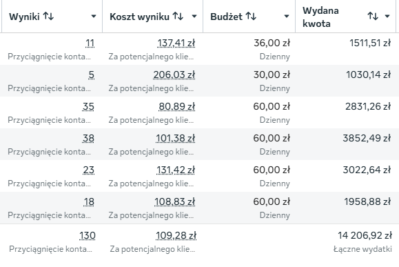 Wyniki kampanii Meta Ads AM AM Kebab — 130 leadów, średni koszt 109,28 zł