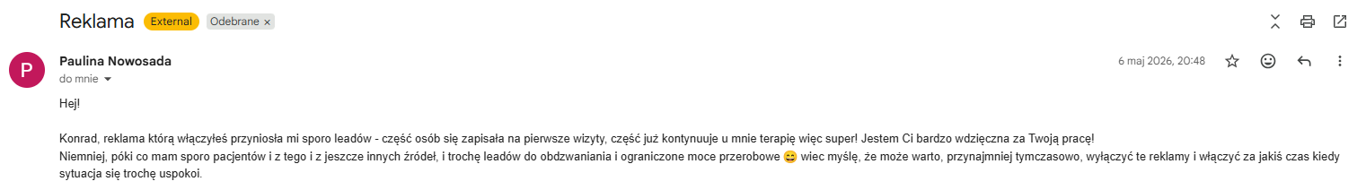 Wiadomość od Pauliny Nowosady — reklama przyniosła sporo leadów